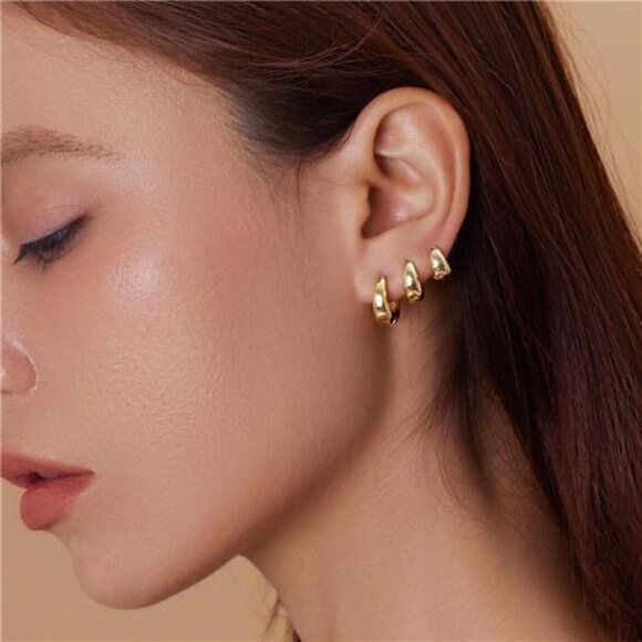 Small Gold Hoop Earrings Set, 14K Gold Plated Chunky Huggies, Hypoallergenic - Picture 3 of 7